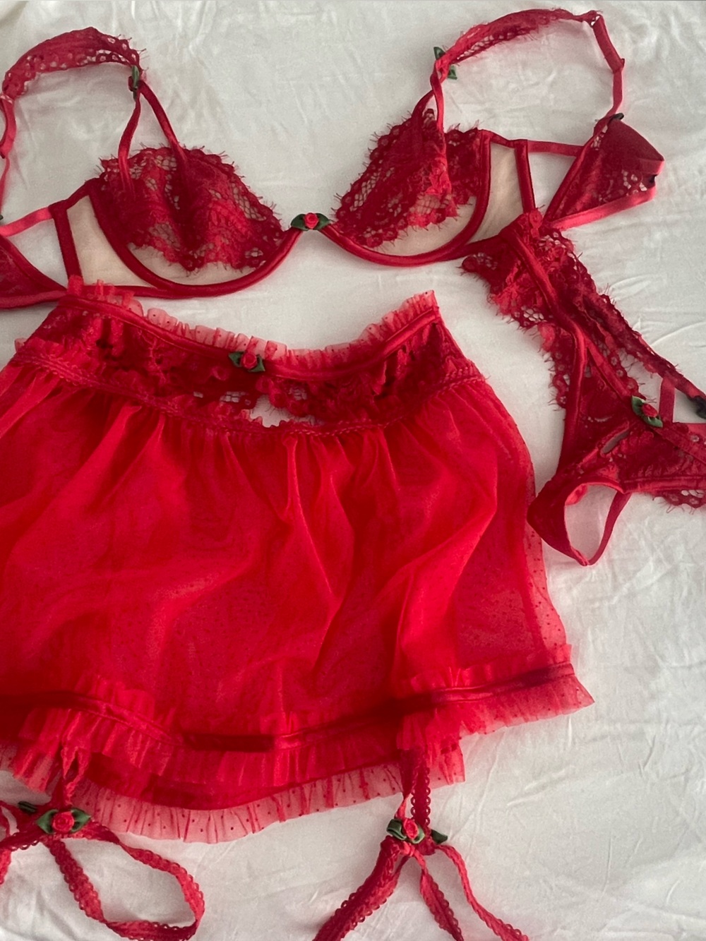 Red Lace FOR LOVE AND LEMONS 3pc lingerie set with removable thigh garters